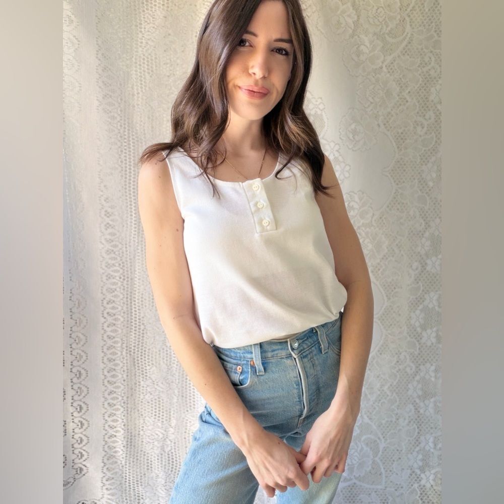 Vintage White Henley Tank Top 80s Made In USA